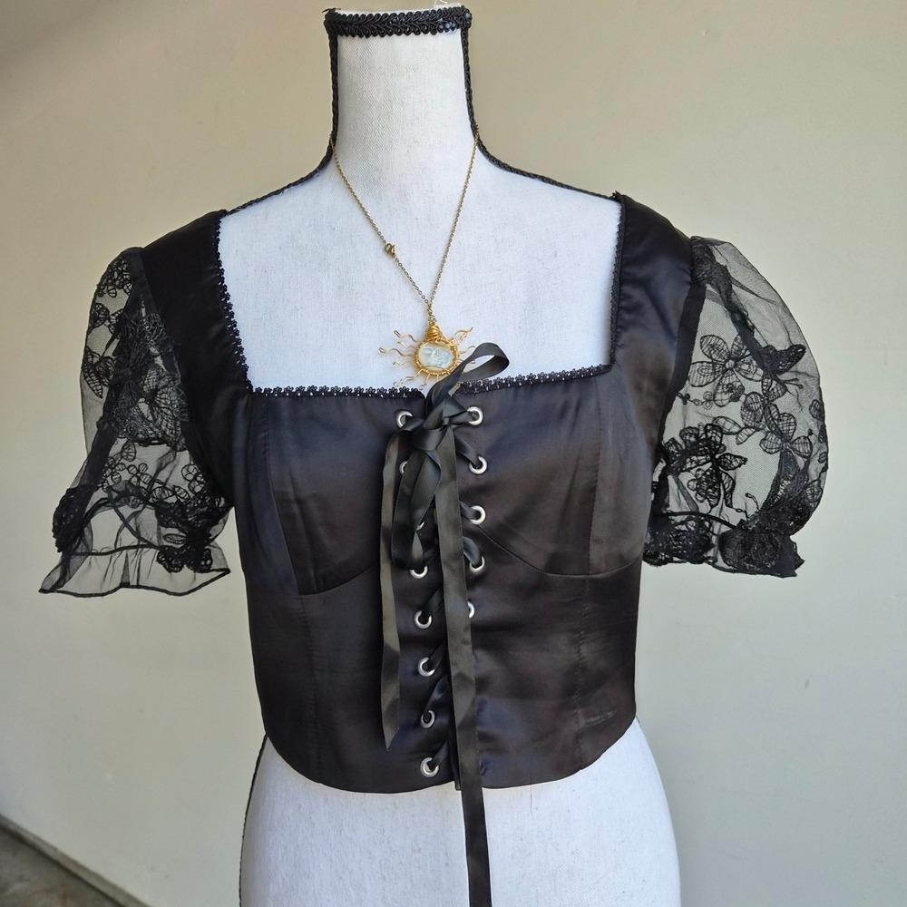 Current Mood Puff Sleeve Corset Top Women Large Gothic Whimsigoth Butterfly Lace